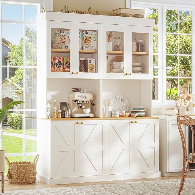 71" Tall Farmhouse Kitchen Pantry, Large Storage Cabinet with Glass Doors, Freestanding Coffee Bar Hutch with Microwave Stand, Adjustable Shelves for Kitchen, Living Room, White 3 Pcs
