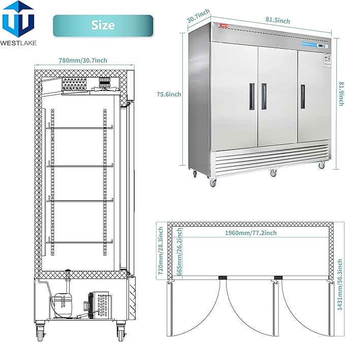WESTLAKE Commercial Freezer 82"W 3 Door 3 Section Stainless Steel Reach-in Solid Door Upright Fan Cooling 72 Cu.ft Freezer for Restaurant, Bar, Shop, etc