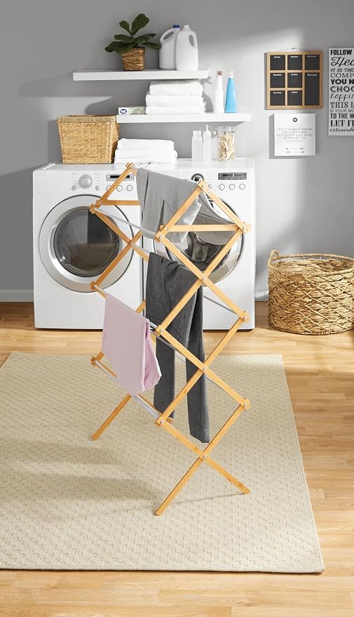 White Natural Space-Saving Collapsible Bamboo Laundry Drying Rack -7 Levels - Image 6