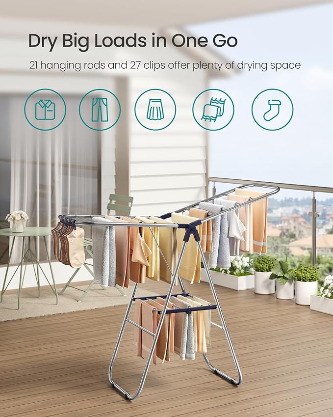 SONGMICS Clothes Drying Rack, Foldable Laundry Drying Rack, Metal Clothes Airer - Image 3