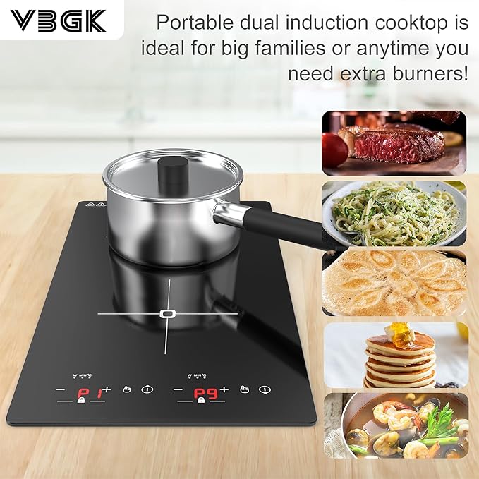 VBGK Double Induction Cooktop, 2300W 110V Portable Induction Cooktop with LED Touch Screen 9 Levels Settings,Electric cooktop with Child Safety Lock & Timer 2 burner
