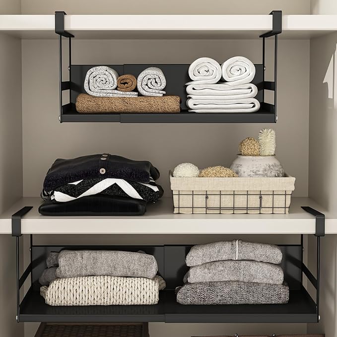 Expandable Under Cabinet Shelf Organizer with 0.94-Inch Thick Clips, Heavy Duty Extendable Under Shelf Storage Basket for Pantry or Laundry Room, Black, 1 Pack, Interior: 5.7" H x 7.2" D