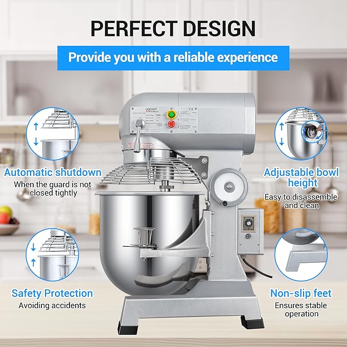 20Qt 1100W Commercial Food Mixer, Commercial mixer 3-Speed Adjustable Heavy Duty Stand Mixer with Stainless Steel Bowl for Bakery Pizzeria.
