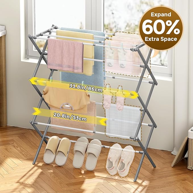 KINGBOARD 3-Tier Extendable Clothes Drying Rack, Space-Saving Collapsible - Image 2