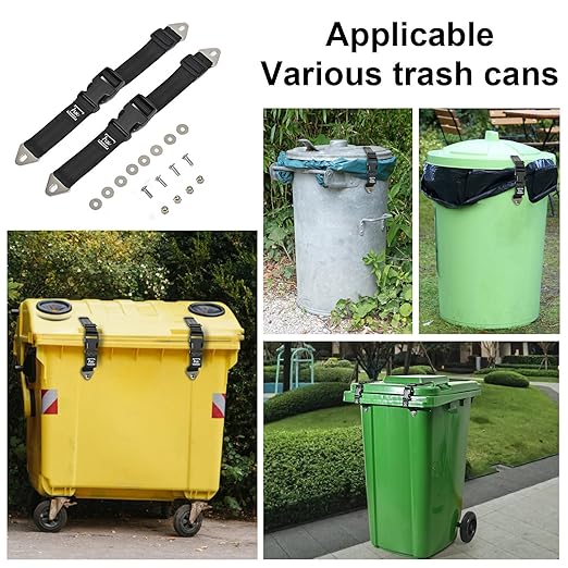 HX AURIZE Universal Trash Can Lid Lock Strap for Round & Square Bins - Sturdy Outdoor Garbage Lock - Raccoon, Dog & Small Animal Stopper - Secure Bolt-On Design (Drilling Required) Black 2 Pack