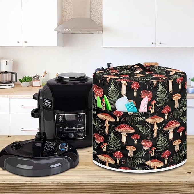 Mushroom Green Leaves Pressure Cooker Cover Dust-Proof Kitchen Appliance Cover Air Fryer Cover for 6 Quart Instant Pot, with Handle and Pockets Keep Kitchen Appliance Clean Home Décor