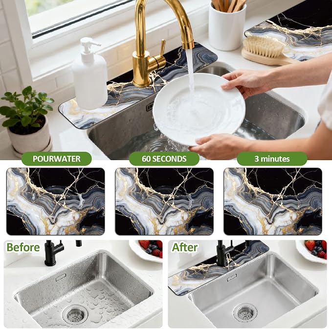 3 Pcs 2 Size Kitchen Sink Splash Guard Faucet Mat Blue and White Floral Pattern - Image 4