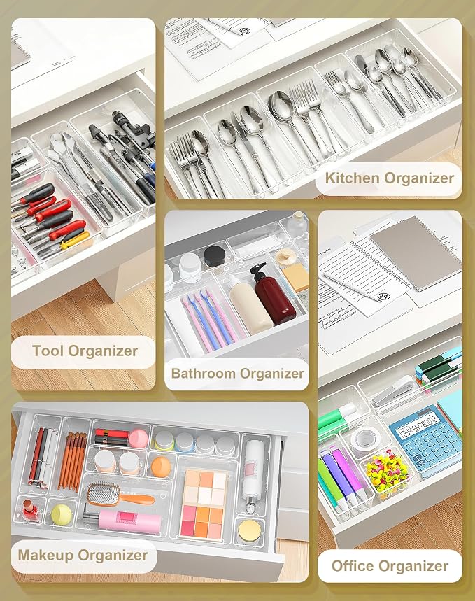 15Pcs Clear Plastic Drawer Organizers Set, 4size makeup drawer organizer trays - Image 5