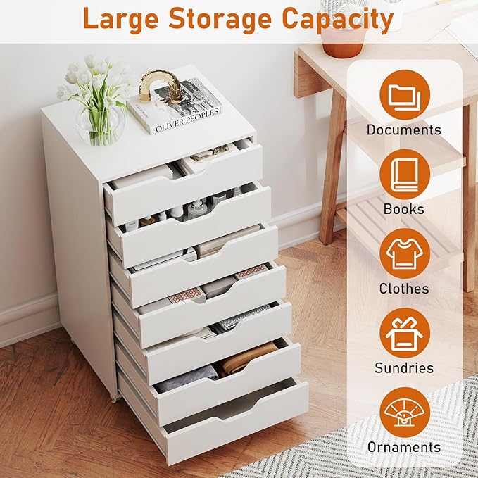 7 Drawer File Cabinet, Mobile Filing Cabinet w/Universal Wheels, Wood Printer Stand with Storage, Rolling File Cabinets for Home Office, Living Room, Bedroom (White, 7 Drawers)