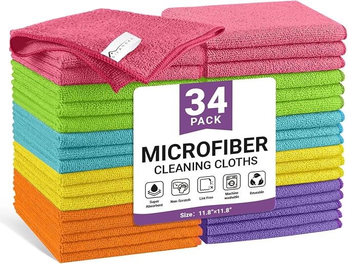 34 Pack Microfiber Cleaning Cloth, 6 Assorted Colors Cleaning Rags by Unknown