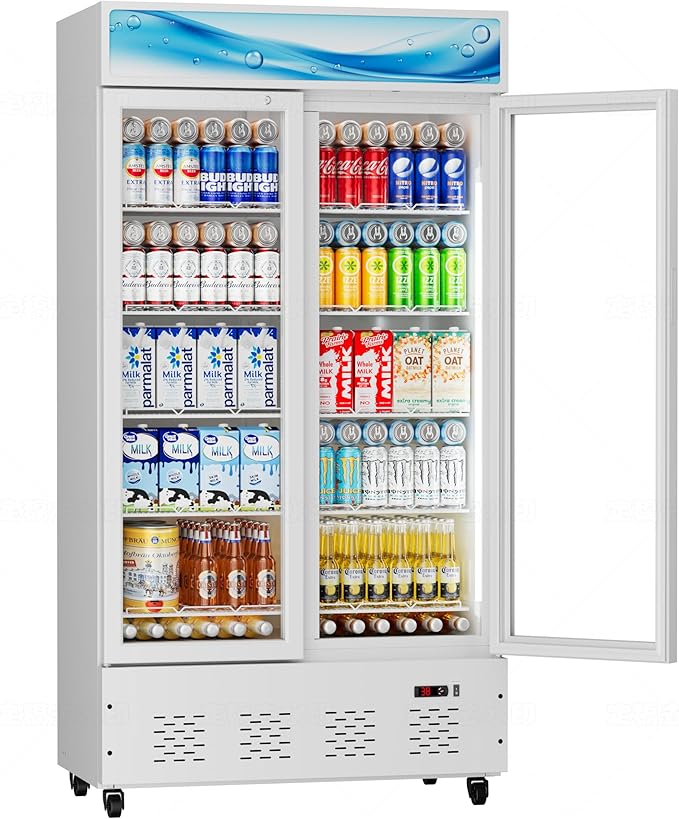 42”W Commercial Glass Door Display Refrigerator 30 Cu.ft White Cooler Beverage Fridge with LED Light and 10 Shelves for Cafe Restaurant Store Bar