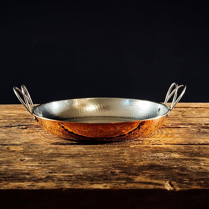 Sertodo 8 Inch Hand-Hammered Copper Paella Pan | Heavy-Gauge Pure Copper Frying Pan & Skillet | Artisan Cookware for Cooking & Serving – Alicante Style