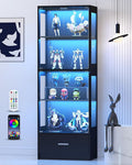 Display Cabinet with Glass Doors - 67" Curio Cabinet with RGB LED Lights and Drawer for Collectibles, 4 Tier Glass Display Case for Living Room, Office, Black(Narrow)