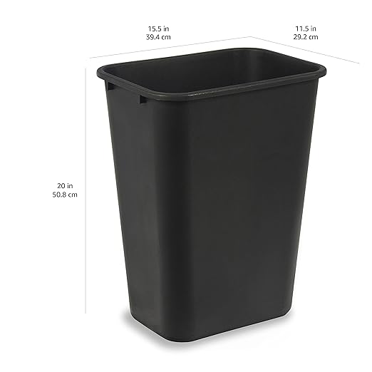Amazon Basics Trash Can, Rectangular Commercial Office Wastebasket, 10 Gallon (Pack Of 1), 15.5"L x 11.5"W x 19.75"H, Black