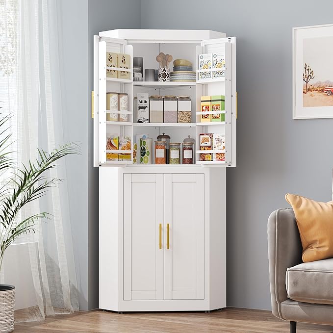 63" Tall Metal Corner Kitchen Pantry Cabinet, Steel Storage Cabinets with 4 Doors and 3 Shelves, Kitchen Food Cabinets with 6 Door Panel Shelves, Farmhouse Cupboard for Kitchen Dining, White