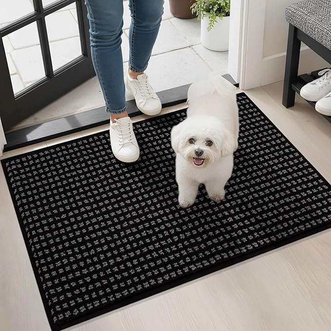 hicorfe Dirt Trapper Indoor Doormat,20"x32" Welcome Door mat,Non Slip Backing Washable Door Mats,Absorbent and Resistant Low-Profile Entrance Inside Floor Mat for Front Back Door,Entryway (Black)