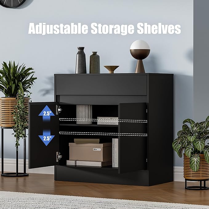 Buffet Cabinet with 2 Doors and Drawer, Coffee Bar Cabinet with Adjustable Shelf, Modern Kitchen Buffet Sideboard for Living Room, Kitchen, Black