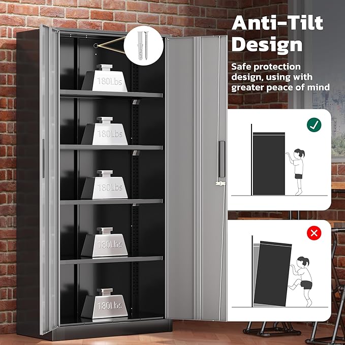 Greenvelly Metal Garage Storage Cabinet with 2 Doors and 4 Adjustable Shelves, 72”H Steel Lockable Storage Cabinet,Tall Metal Cabinet Locking File Cabinet for Office,Home, Garage, Gym, School