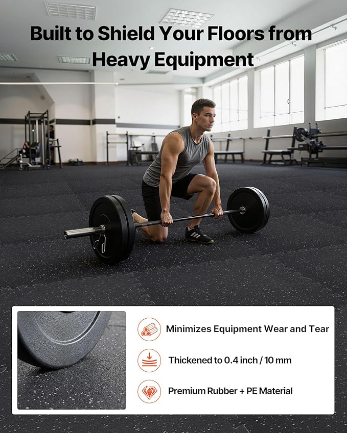 VEVOR 0.4Inch 48sq.ft 12 Tiles Gym Flooring for Home Gym, Rubber Top with High Density EVA Foam, 24 x 24In Gym Floor Exercise Equipment Mats, Interlocking Gym Mats, Puzzle Workout Mats, Black & Gray