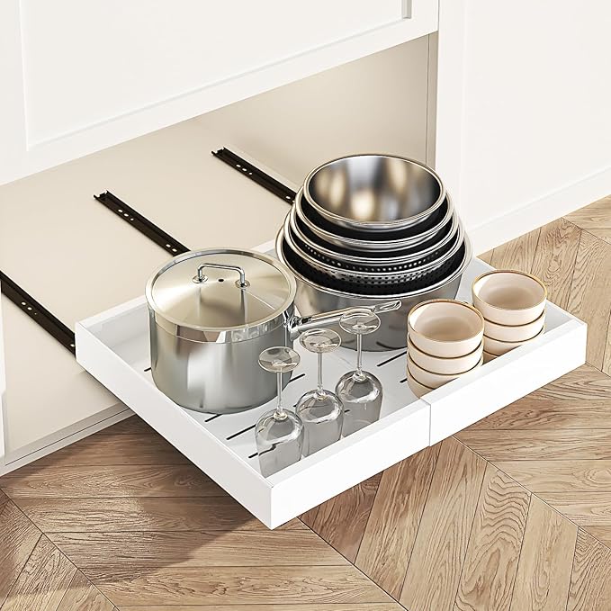 LEGUANG Expandable Pull-Out Cabinet Organizers (12.6-20.4" W x 16.54" D) - Upgraded 3 Quiet Slide Rails, Nano-Film Adhesive Fixing, White, Fit Kitchen/Living Room/Bathroom/Vanity