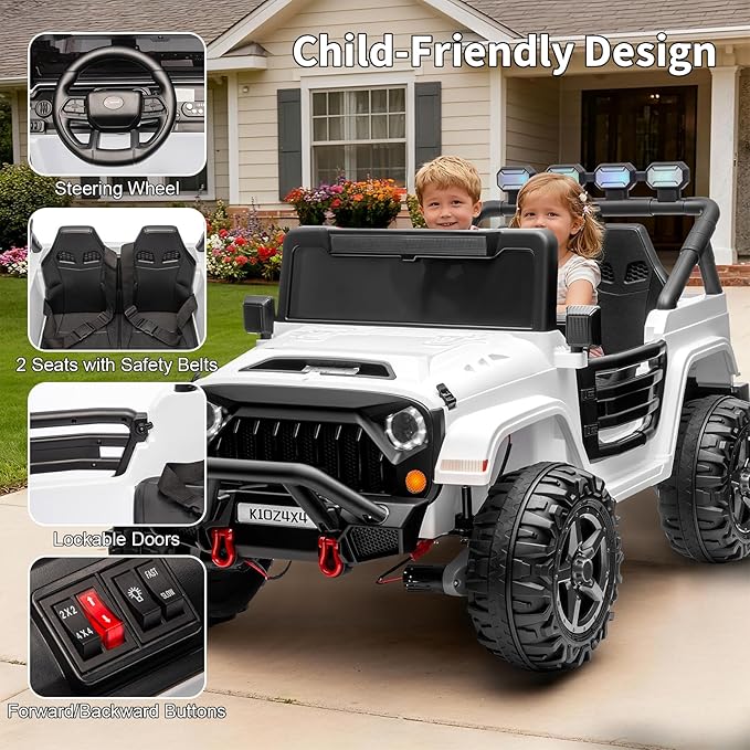 2 Seater Ride on Car Toy for Kids, 24V 4x4 Ride-on Truck, w/Parent Control, Soft Start, 3 Speed, 4-Wheeler Suspension, Bluetooth, LED Lights, Electric Car for Kids Toddler Ages 3-8, White