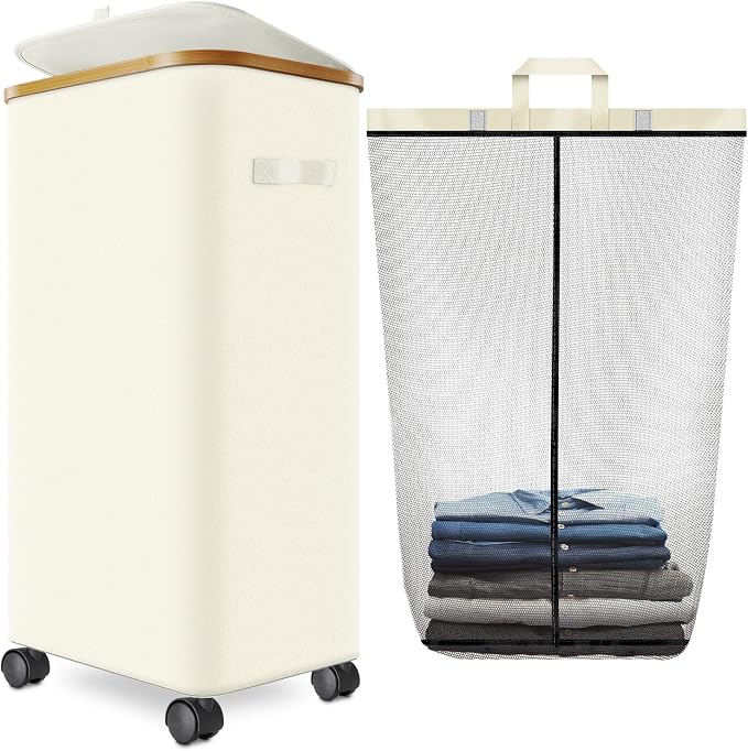 Laundry Hamper with Wheels, 75L Rolling Laundry Basket with Lid by Wuevu