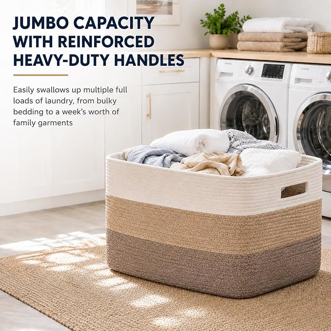 OIAHOMY Blanket Basket Laundry Basket Dog Toy Basket 75L Gradient Brown - Image 3