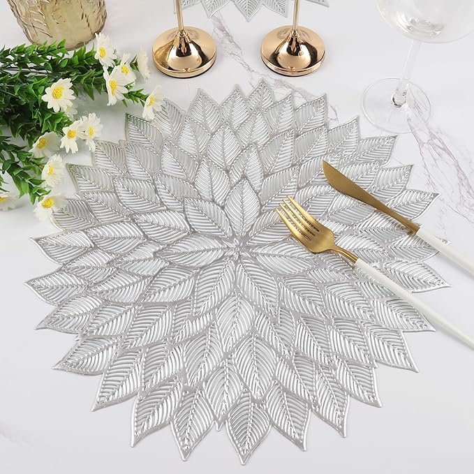 Placemats Set of 4, Round Hollow Out Flowers Place Mats for Dining Table Pressed Vinyl Blooming Leaf Table Mats for Holiday Party Wedding Accent Centerpiece Dinner Table Decoration (Silver)