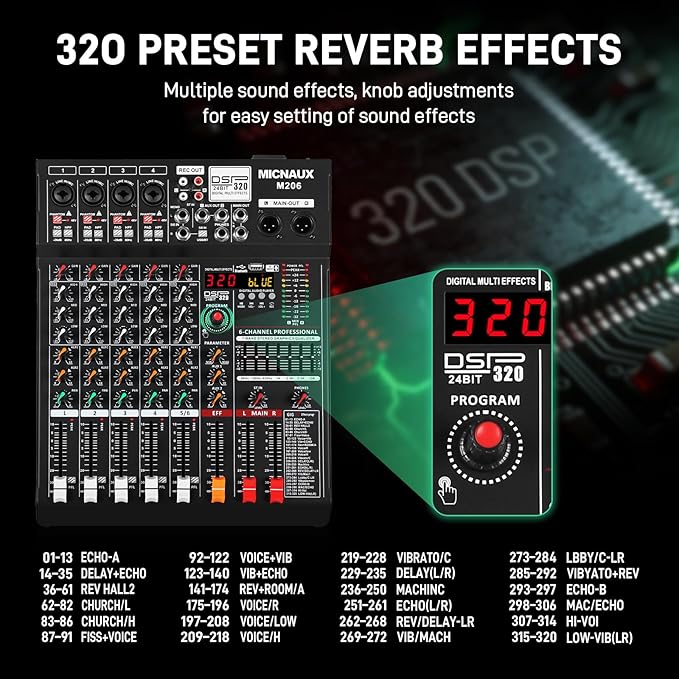 Audio Mixer 6 Channel Professional Sound Console Music Mixer with 320 DSP Effects, 7-band EQ DJ Mixing Board w/USB, Bluetooth, 48V Power Supply, PAD Button for Recording Karaoke PA Drum Live