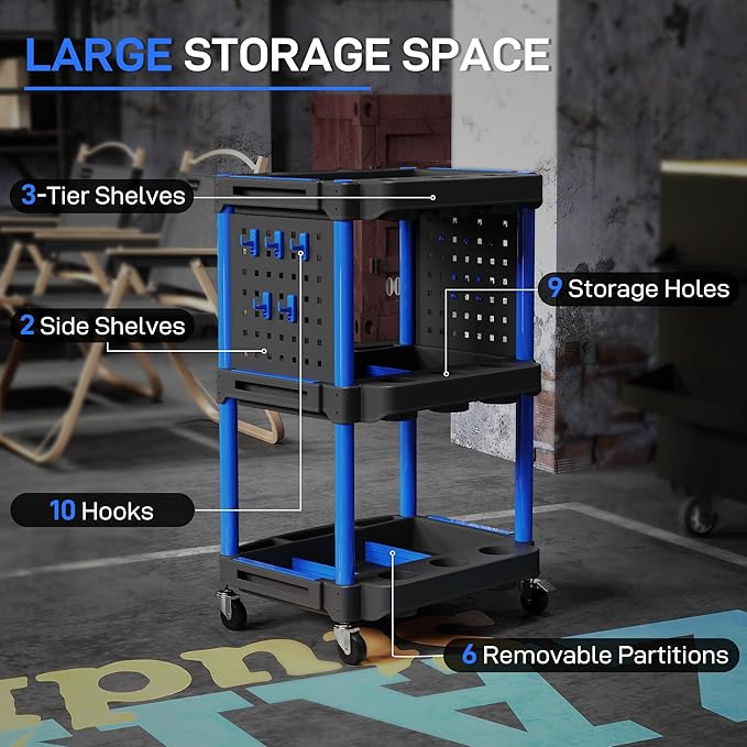 HOMCOM 3-Tier Rolling Tool Cart with Wheels, 200 LBS Capacity Plastic Utility Cart with Side Shelves, Mobile Service Tool Organizer for Garage, Warehouse, Workshop, Black and Dark Blue