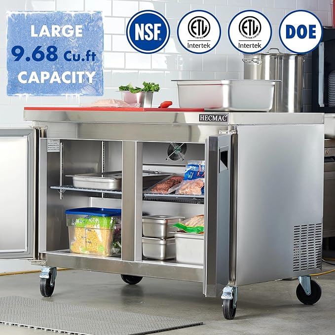 HECMAC 36" Commercial Freezer, 9.68 Cu.ft Worktop Undercounter Fridge with 2 Solid Door, -8~0℉, 18-8 Stainless Steel Interior, ETL&NSF/ANSI 7 for Restaurant, Bar, Shop, Kitchen Use