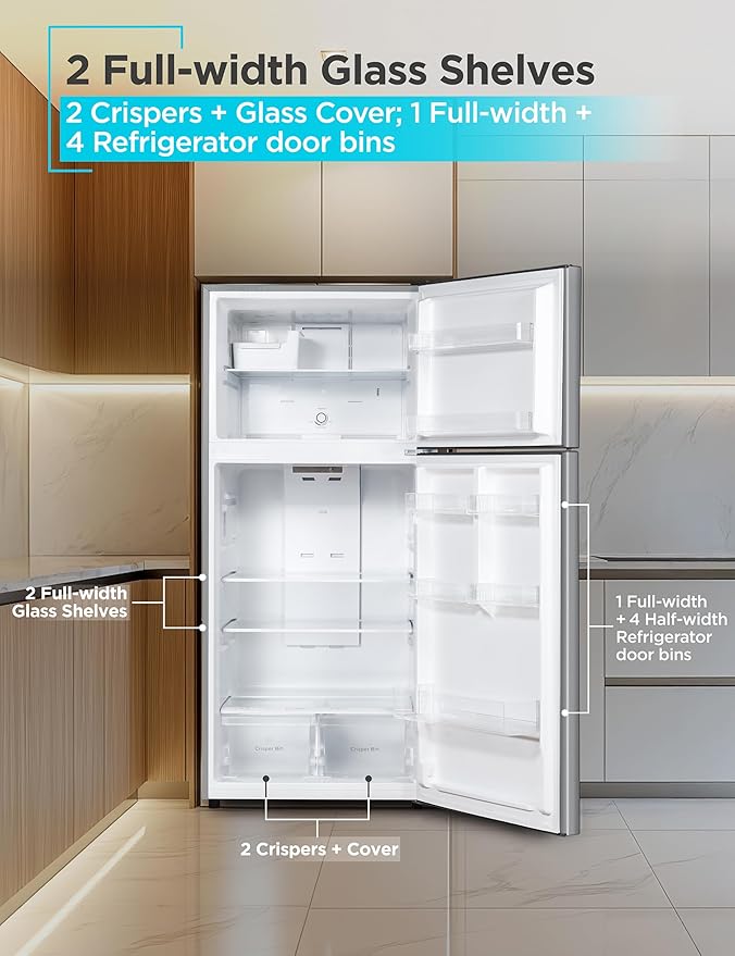 BLACK+DECKER 18.1 Cu. Ft. Top Mount Refrigerator with Ice Maker, 2-Door Refrigerator with Top Freezer, Freezer with Icemaker and Adjustable Temperature Control, ENERGY STAR, BR1810HIMS, Stainless Look