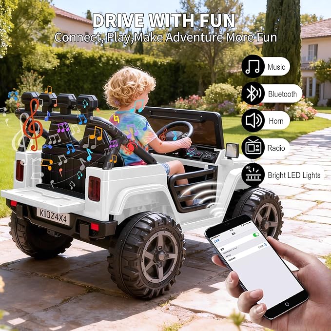 Kids 24V 2-Seater Electric Ride On Car, 4x4 Ride On Truck w/Remote Control, 4-Wheeler Suspension, 3 Speeds, Led Lights, Bluetooth, Ride on Car Toy for Kids Ages 3-8, White
