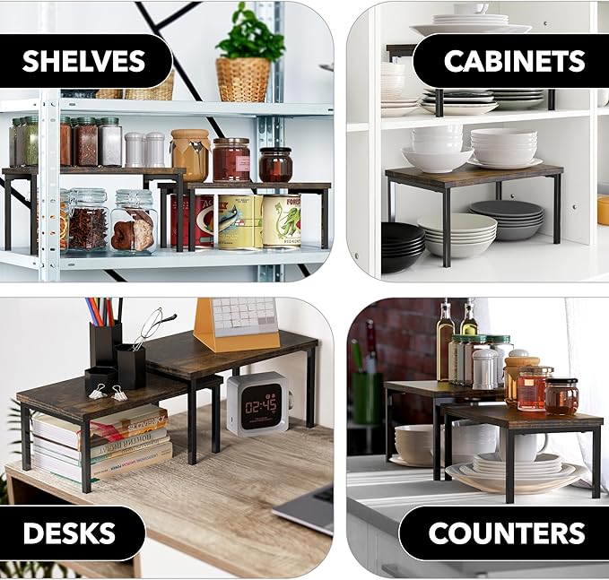 Simple Houseware Expandable Stackable Cabinet and Counter Shelf Organizer with Wooden Surface, 7.6'' D x 11.75'' W x 6.1'' H, Rustic Brown