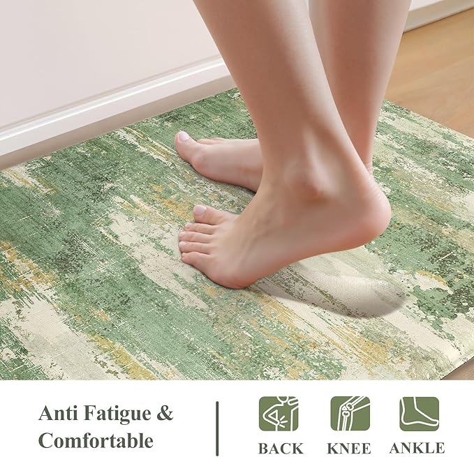 Collive Kitchen Mats Cushioned Anti Fatigue, Modern Abstract Non Slip Kitchen Floor Mat Waterproof Green Sink Rug 2 Piece, Comfort Desk Standing Rugs for Bedroom, Office, Laundry, 17"x29"+17"x47"
