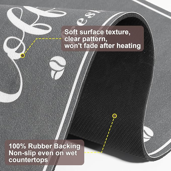 CooRug Fashion Coffee Mat, Dish Drying Mat 17" x 32" Dark Grey | Hide Stain - Image 8