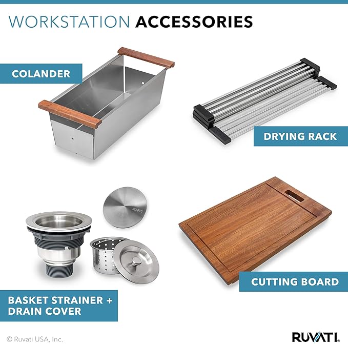 Ruvati 30-inch Undermount 16 Gauge Stainless Steel Workstation Kitchen Sink Single Bowl – Soundproof Multifunction Chef Sink with Cutting Board & Accessories, Brushed Finish Hides Scratches – RVH8310