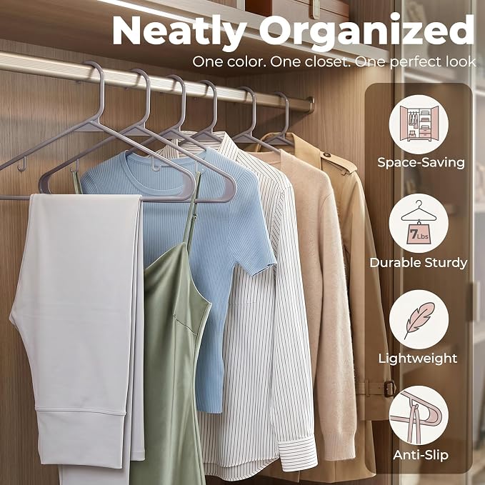 HOUSE DAY Grey Plastic Hangers 60 Pack, Slim Space-Saving Clothes Hangers | - Image 2