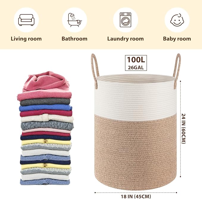 OIAHOMY 100L Nursery Hamper Laundry Basket Laundry Hamper Brown/White - Image 2