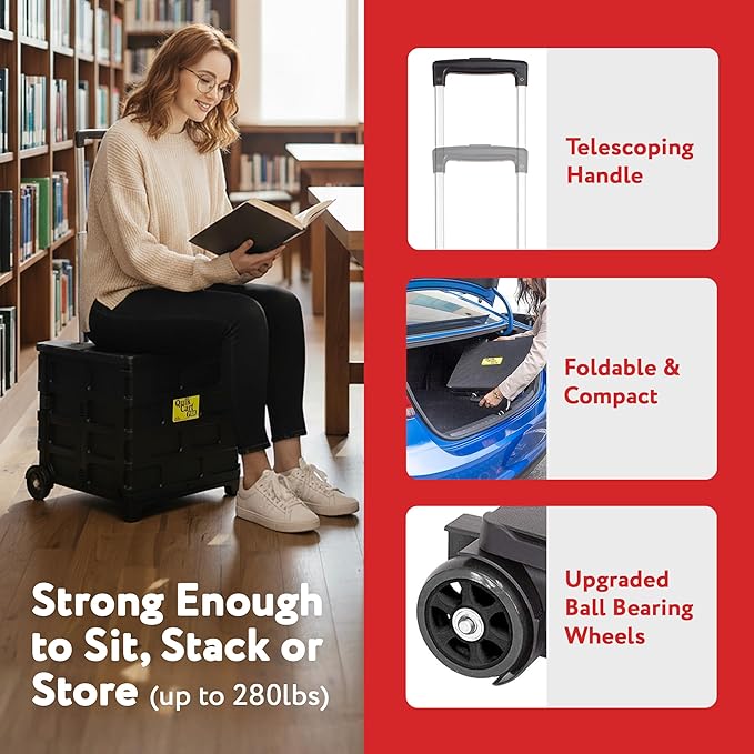 dbest products Quik Cart Pro Wheeled Rolling Crate Teacher Utility with seat Heavy Duty Collapsible Basket with Handle, Aluminum, Black