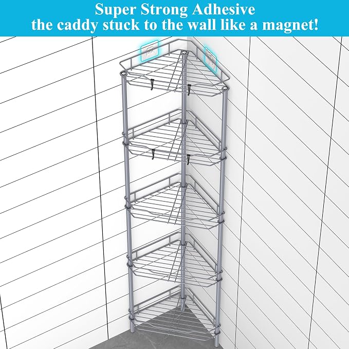 HuggieGems Metal Floor Standing Corner Shower Caddy, Dark Gray, 5 Tier - Image 2
