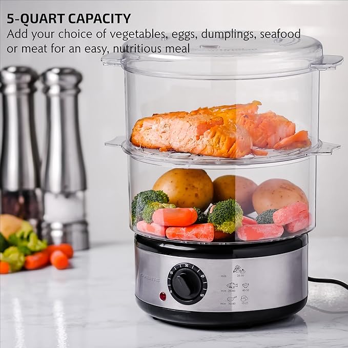 OVENTE 2-Tier Electric Food Steamer, 5 Quart Stainless Steel Stackable Steam Cooker with 400W Power, 60-Minute Timer & Auto Shut-Off, Dishwasher Safe, Healthy Vegetable & Seafood Steamer, Silver FS62S