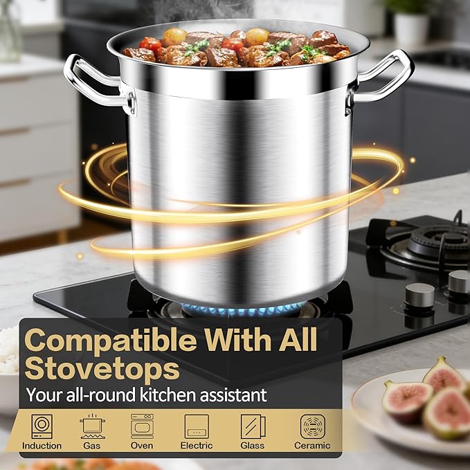 Stainless Steel Stockpot – 50QT Stock Pot with Lid, Heavy-Duty Tri-Ply Bottom Cooking Pot for Canning, Boiling Beer Brewing, Soup, Seafood Boil – Satin Finish Stainless Steel Soup Pots