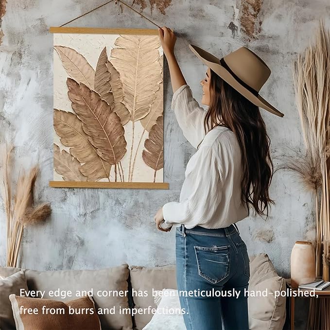 2 Pack Magnetic Poster Hanger Frame, 15x36 15x30 15x21 Light Wood Wooden Magnet Canvas Artwork Print Dowel Poster Hangers for Frames Hanging Kit (Teak Wood, 15", 2 Packs)