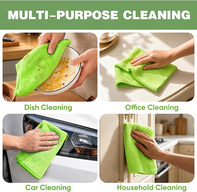 TEAWOO 10 PCS Neon Green Microfiber Cleaning Cloths, Car Towels, Kitchen Towels - Image 5