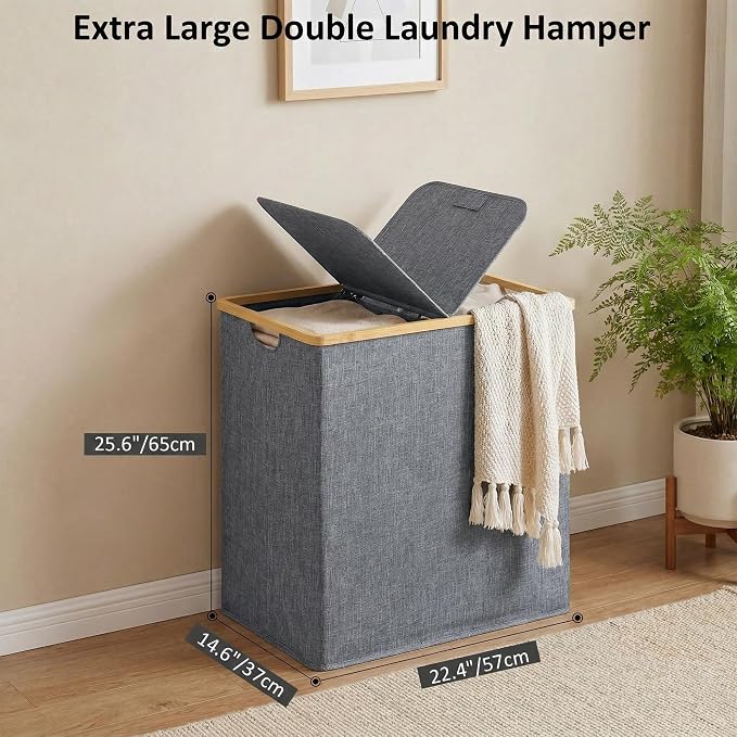 efluky Laundry Hamper with Lid, Double Laundry Basket with 2 Removable Bags - Image 2