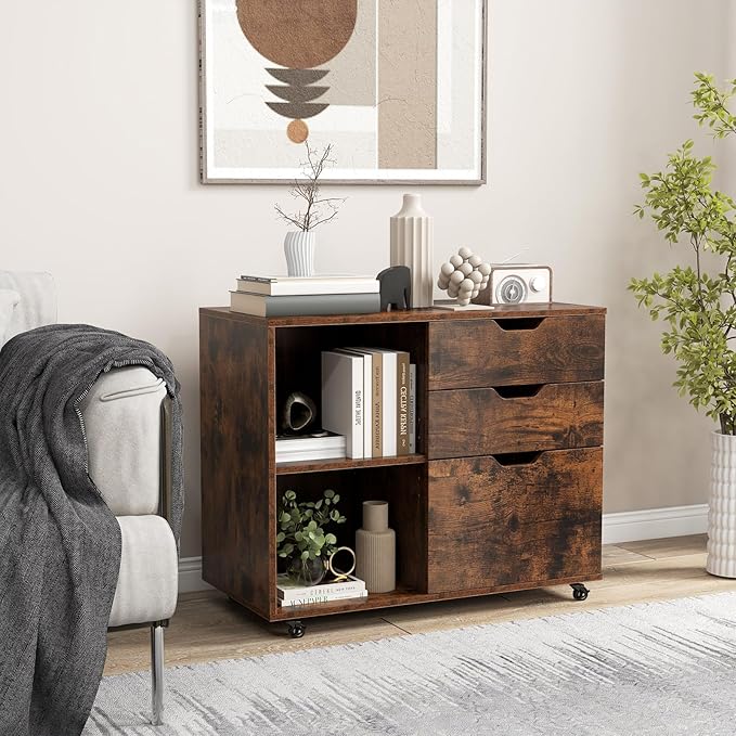 File Cabinet, Mobile Filing Cabinet w/Universal Wheels & 3 Drawers, Wood Printer Stand with Storage, Rolling File Cabinets for Home Office, Living Room, Bedroom (Rustic Brown, 3 Drawers)