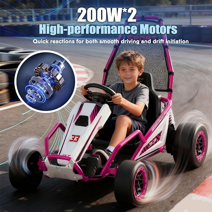 24V 8.5 MPH Electric Go Kart for Kids, 400W Powerful Drift Kart w/Front EVA Wheel & Metal Frame, Ride on Toy w/Music & Lights, Suspension, 2 Speed, 5 Point Harness, Crazy Cart for Ages 6+, Pink