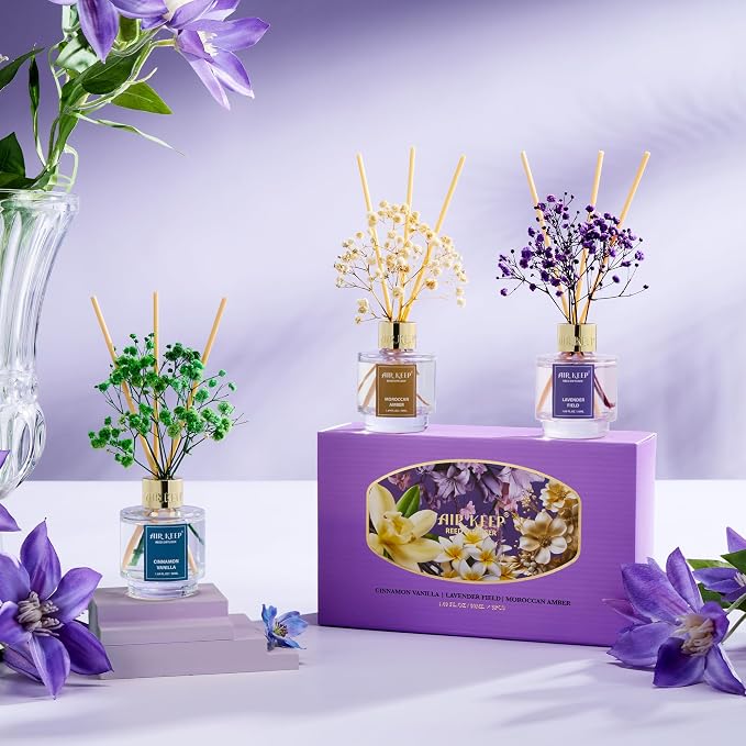Reed Diffuser Set of 3, Cinnamon Vanilla Lavender Field Moroccan Amber Oil Reed - Image 8