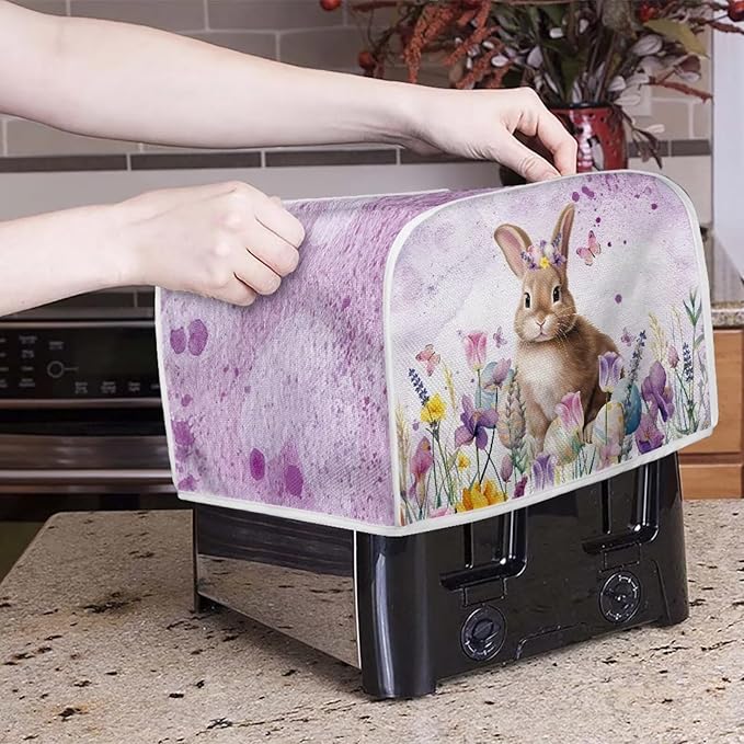 Bunny Flower Print 4 Slice Toaster Cover Fingerprint Protection Waterproof Stain Resistant Toaster Dust Protector